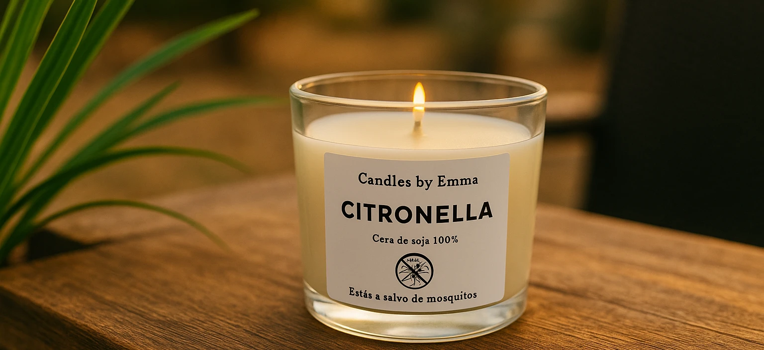 Vela de citronela encendida en terraza al atardecer para repeler mosquitos de forma natural